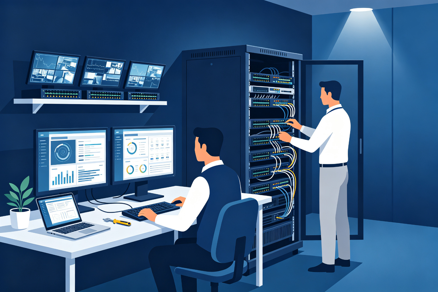 亿卓信息技术工程师调试服务器场景插画